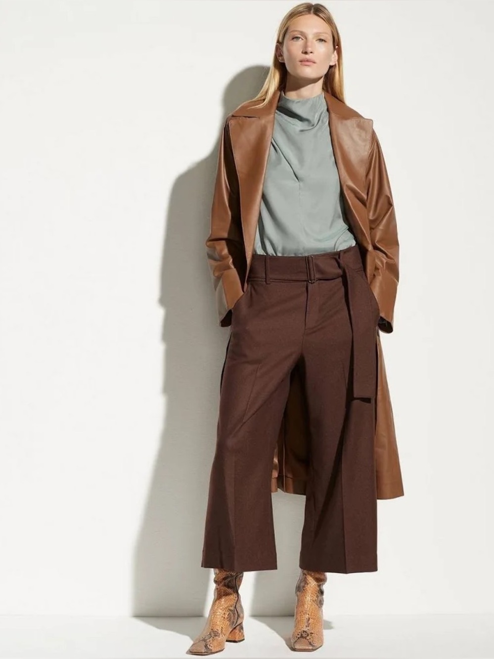 Vince Belted Wide Leg Wool-blend Culottes in Hickory (6)